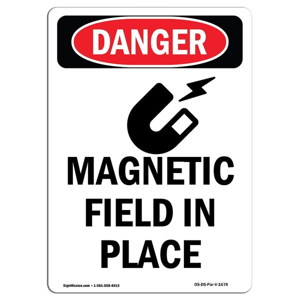 Safety Sign, OSHA Danger, 24" Height, Aluminum, Magnetic Field In Place, Portrait